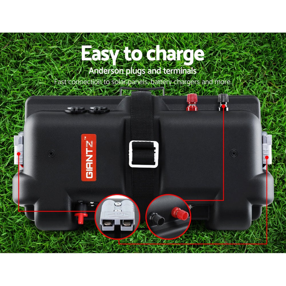 GIANTZ Battery Box 12V, portable power station for camping with USB ports and cigarette lighter socket.