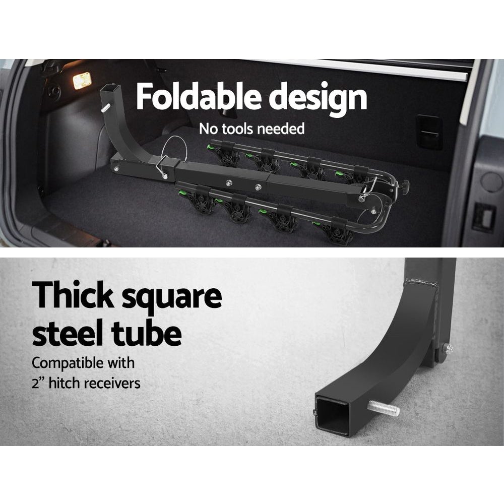 Giantz 4-Bike Carrier mounted on a vehicle, showcasing its sturdy design and capacity for four bicycles.