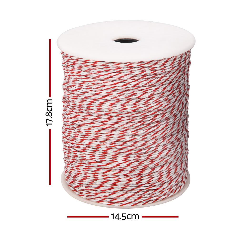 Giantz Electric Fence Wire 500M roll in red and white polytape, showcasing its high visibility and stainless steel strands.