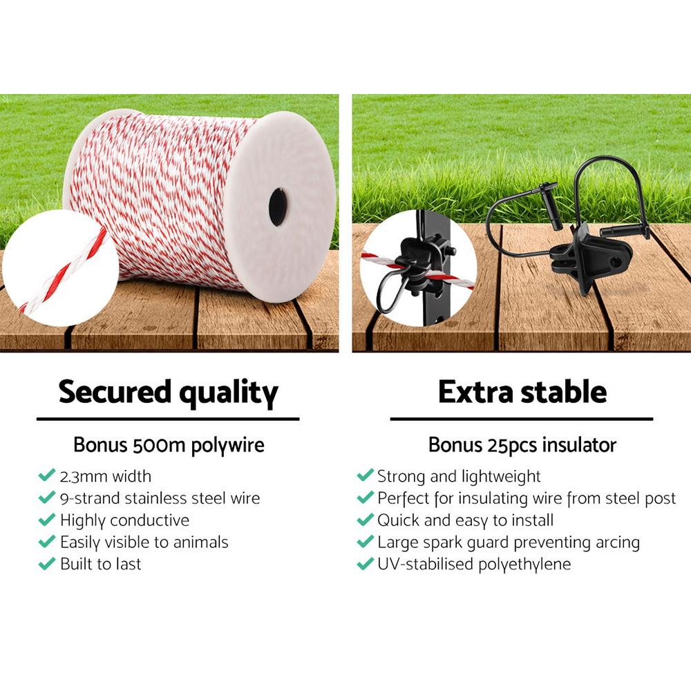 Giantz Electric Fence Wire 500M roll in red and white polytape, showcasing its high visibility and stainless steel strands.