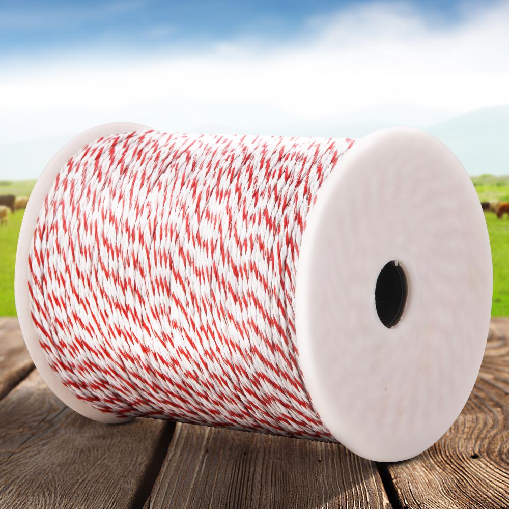 Giantz Electric Fence Wire 500M roll in red and white polytape, showcasing its high visibility and stainless steel strands.