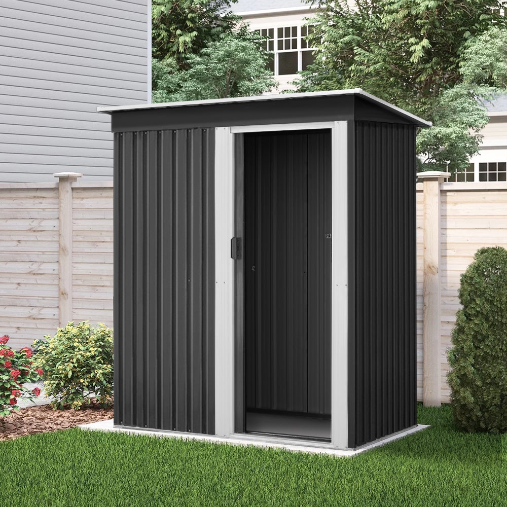 Giantz Garden Shed in grey, made of galvanized steel, showcasing its spacious design and sloped roof for outdoor storage.