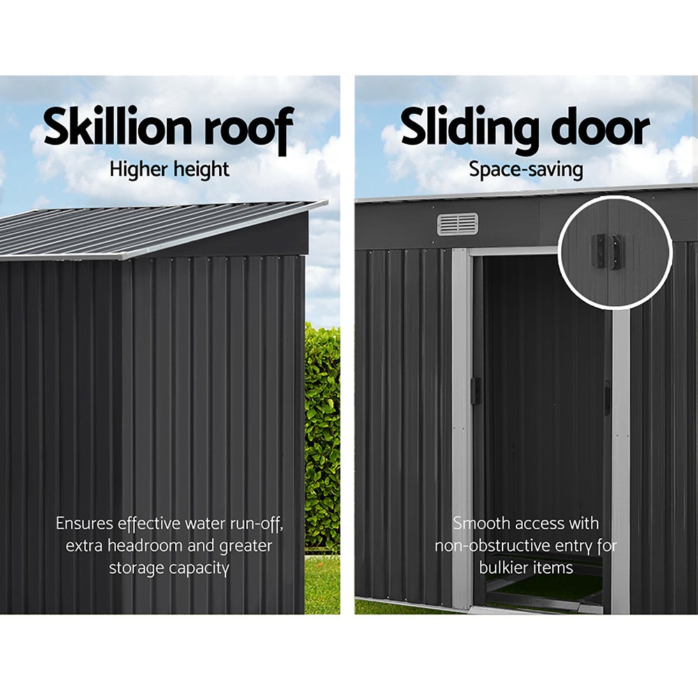 Giantz Garden Shed in grey, showcasing double sliding doors and sloped roof, ideal for outdoor storage.