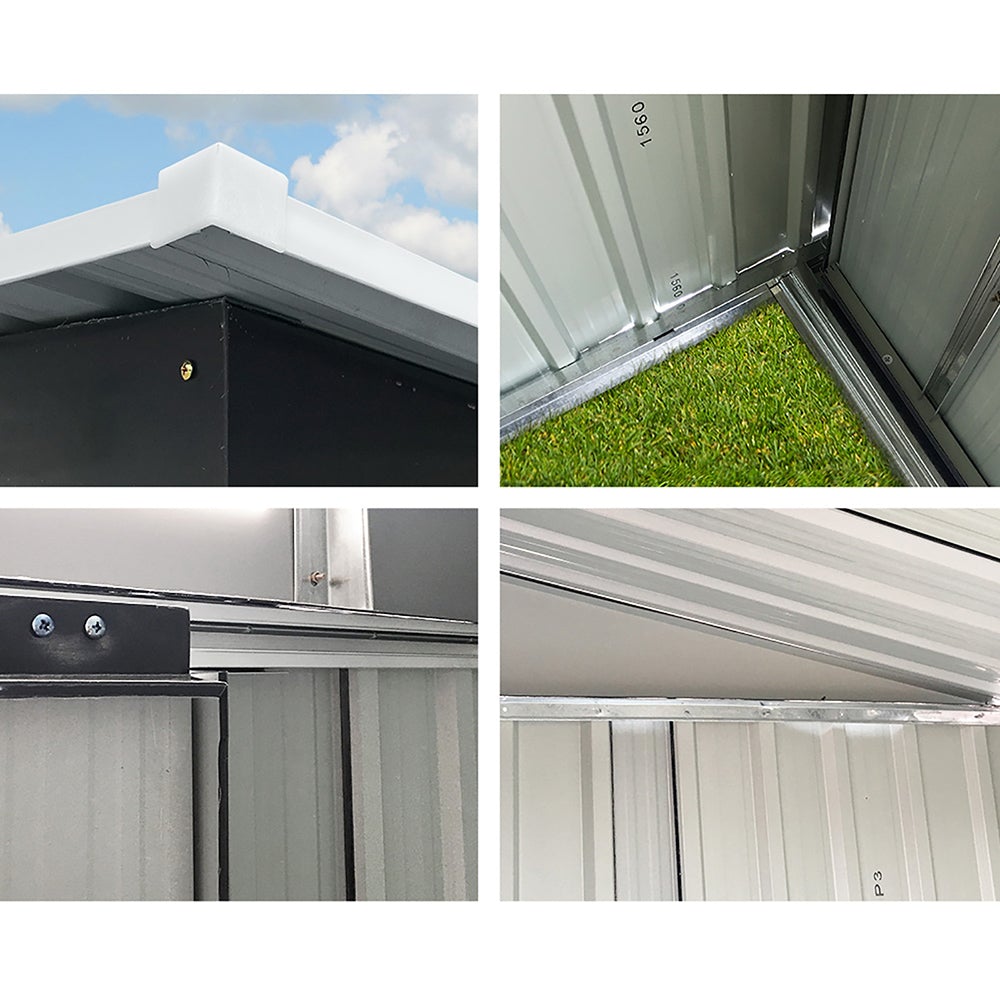 Giantz Garden Shed in grey, showcasing double sliding doors and sloped roof, ideal for outdoor storage.
