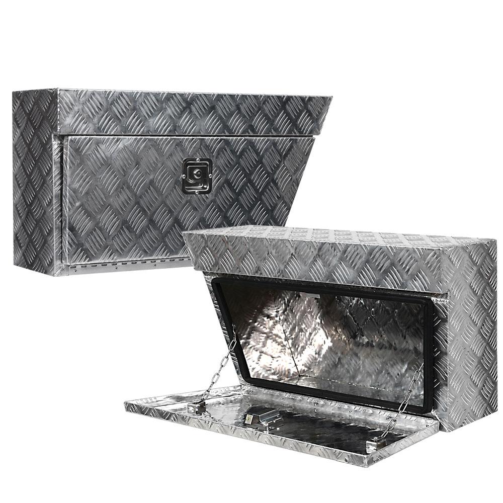 Giantz Aluminium Under Tray Tool Box with checker plate finish, showcasing its durable construction and secure locking mechanism.