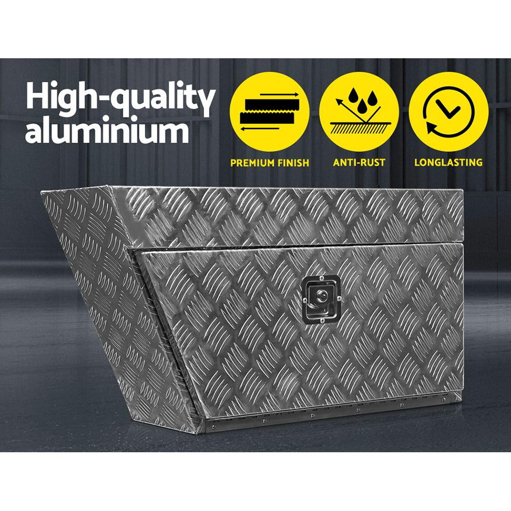 Giantz Aluminium Under Tray Tool Box with checker plate finish, showcasing its durable construction and secure locking mechanism.