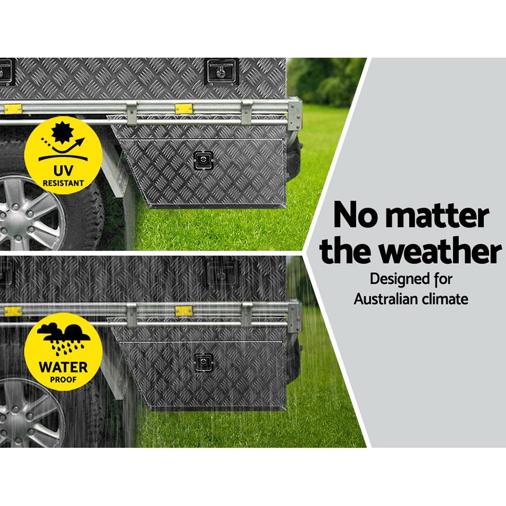 Giantz Aluminium Under Tray Tool Box with checker plate finish, showcasing its durable construction and secure locking mechanism.
