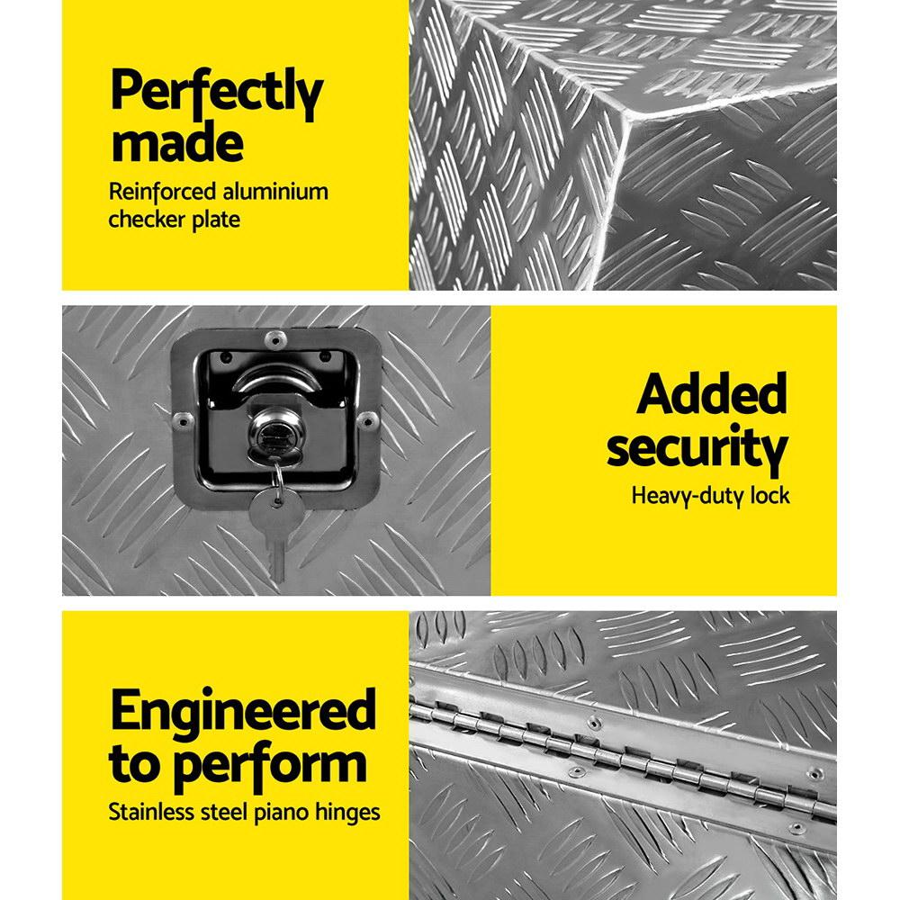 Giantz Aluminium Under Tray Tool Box with checker plate finish, showcasing its durable construction and secure locking mechanism.