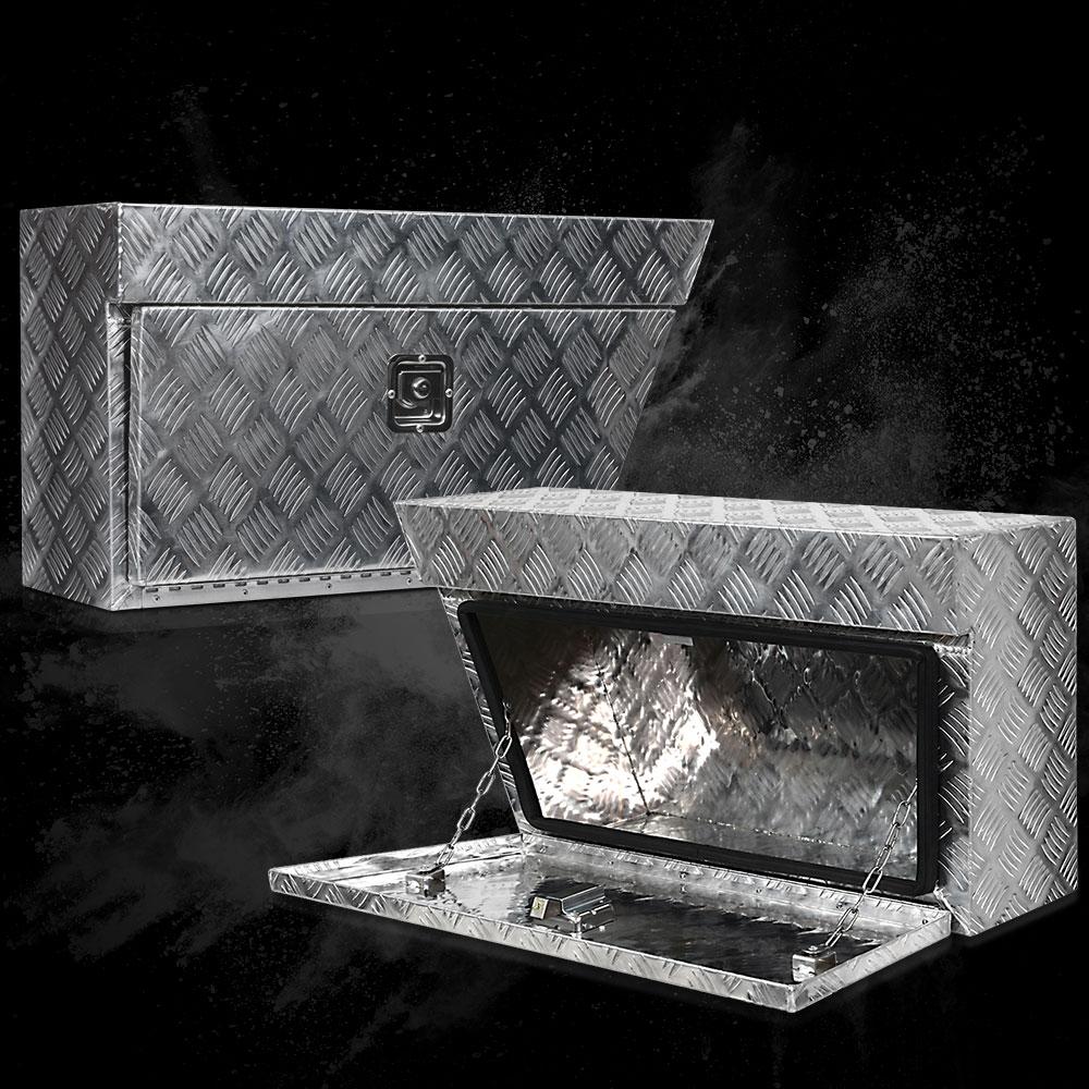 Giantz Aluminium Under Tray Tool Box with checker plate finish, showcasing its durable construction and secure locking mechanism.