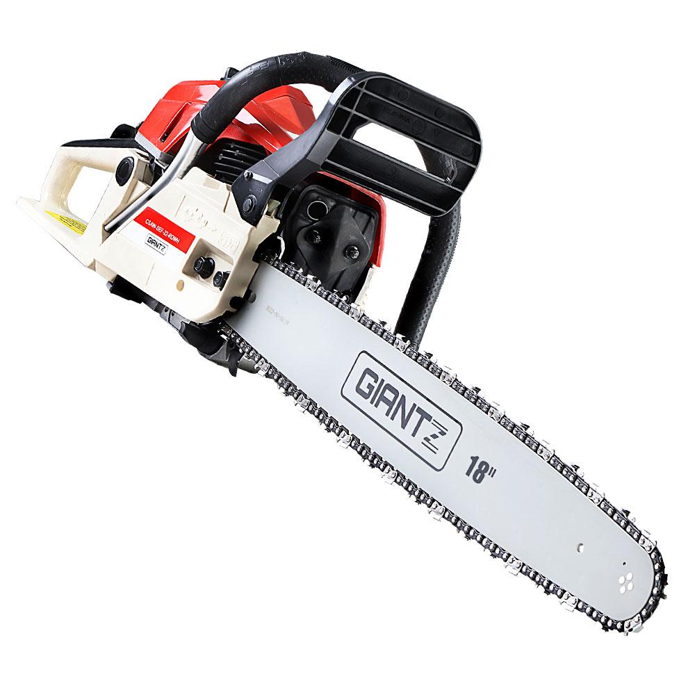 Giantz Petrol Chainsaw Commercial E-Start 18'' with 75CC engine and 18-inch bar, showcasing its robust design and safety features.