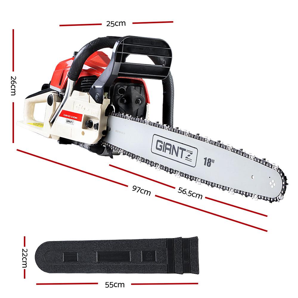 Giantz Petrol Chainsaw Commercial E-Start 18'' with 75CC engine and 18-inch bar, showcasing its robust design and safety features.