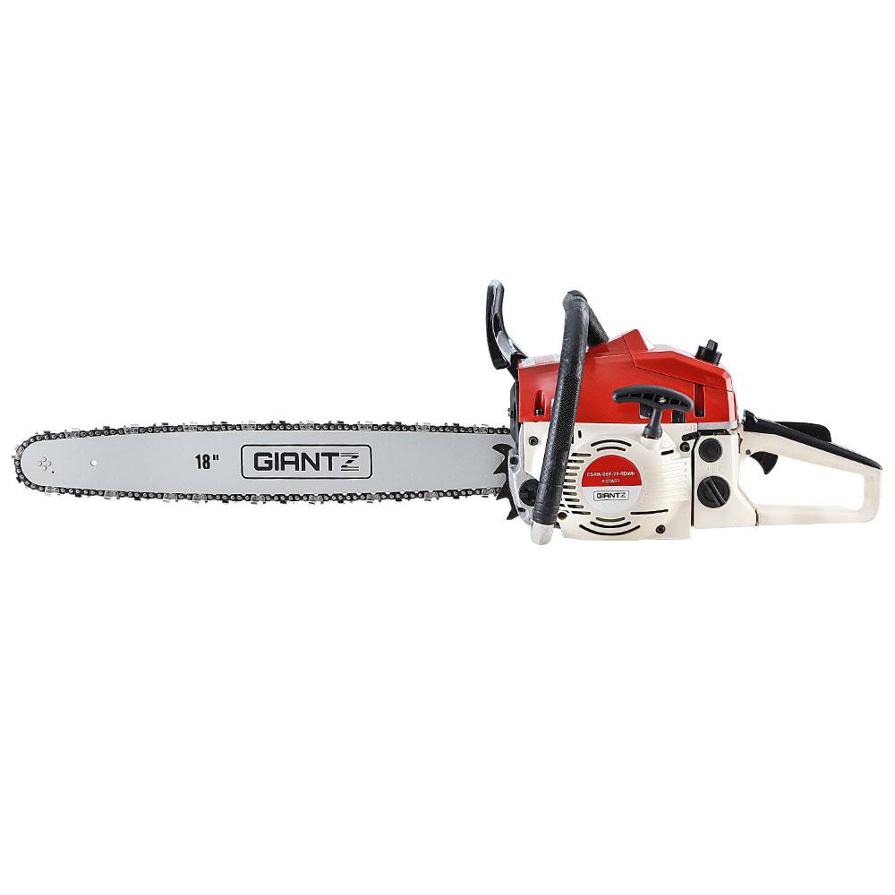 Giantz Petrol Chainsaw Commercial E-Start 18'' with 75CC engine and 18-inch bar, showcasing its robust design and safety features.