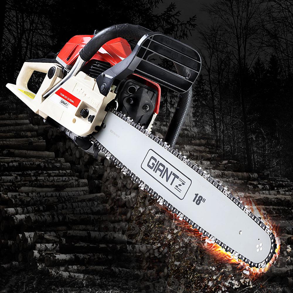 Giantz Petrol Chainsaw Commercial E-Start 18'' with 75CC engine and 18-inch bar, showcasing its robust design and safety features.