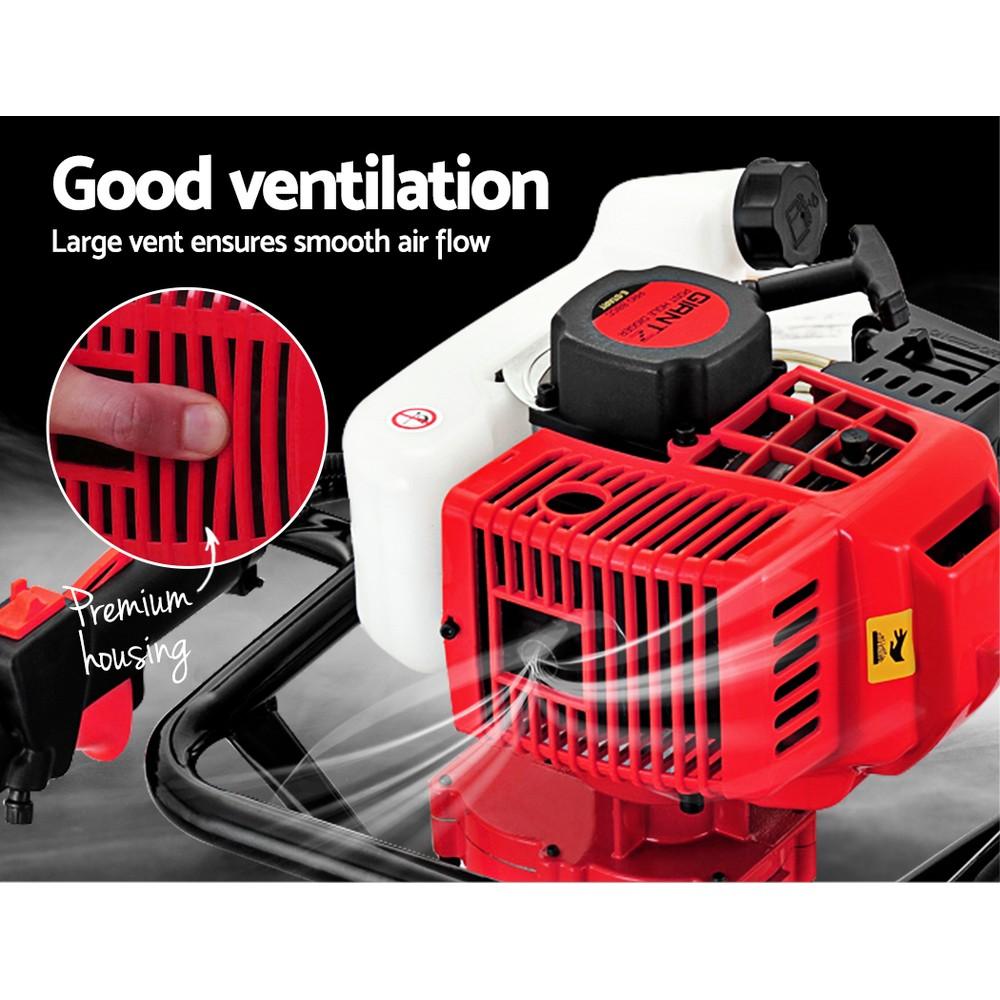 Giantz 92cc Petrol Post Hole Digger with motor and gearbox, showcasing heavy-duty steel construction and rubber hand grips.