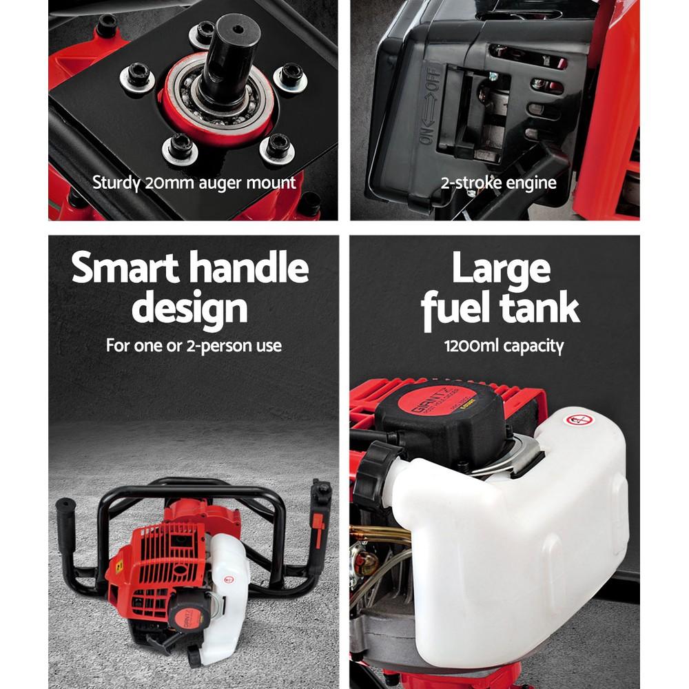 Giantz 92cc Petrol Post Hole Digger with motor and gearbox, showcasing heavy-duty steel construction and rubber hand grips.