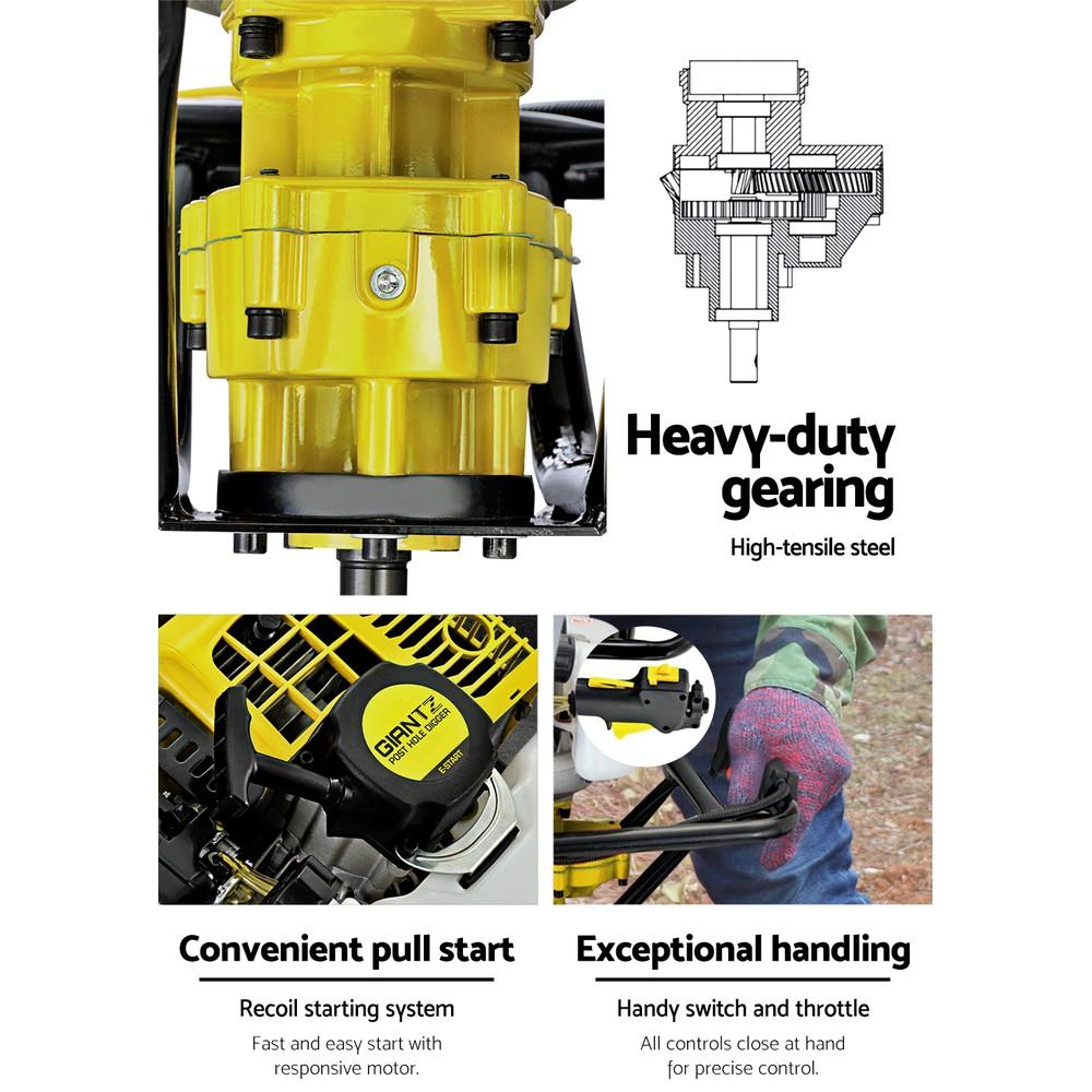 Giantz 92CC Petrol Post Hole Digger with motor and handles, showcasing its robust design and advanced features for efficient digging.