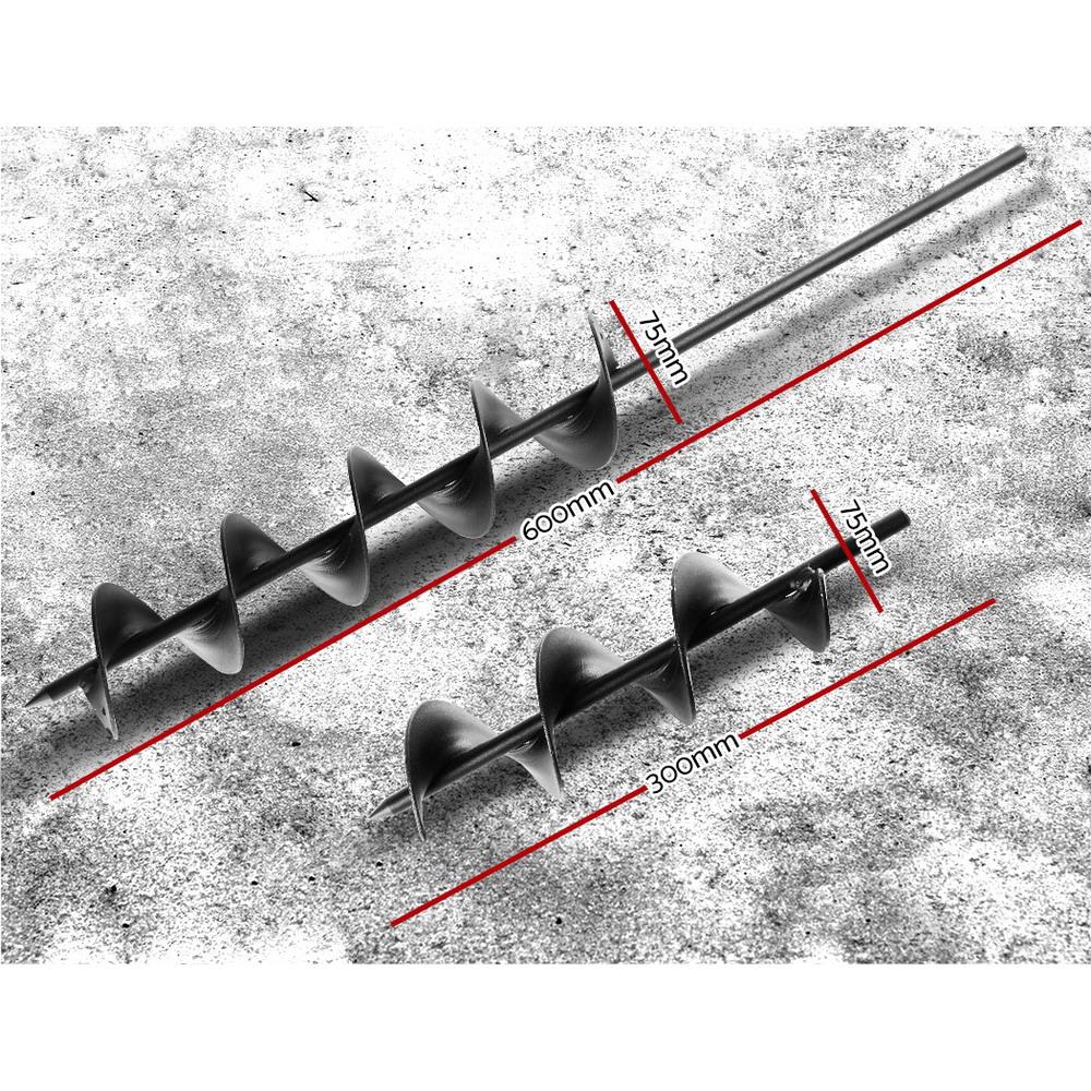 Giantz Power Garden Spiral Auger Hole Digger in black, showcasing its heavy-duty steel construction and 75mm diameter.