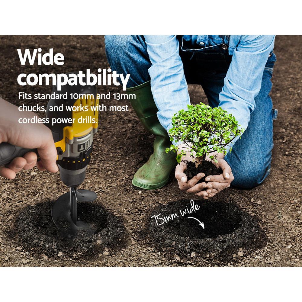 Giantz Power Garden Spiral Auger Hole Digger in black, showcasing its heavy-duty steel construction and 75mm diameter.