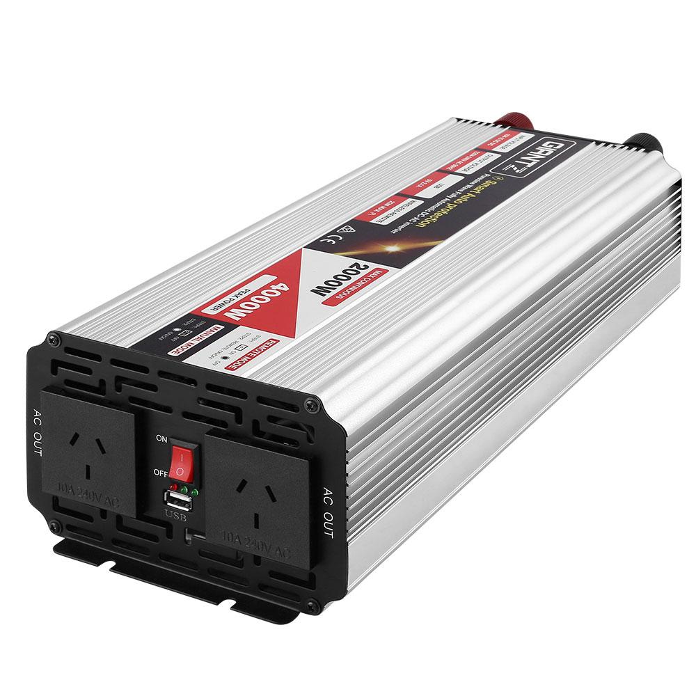 Giantz Power Inverter 2000W/4000W with dual 240V sockets and USB output, ideal for camping and powering sensitive devices.