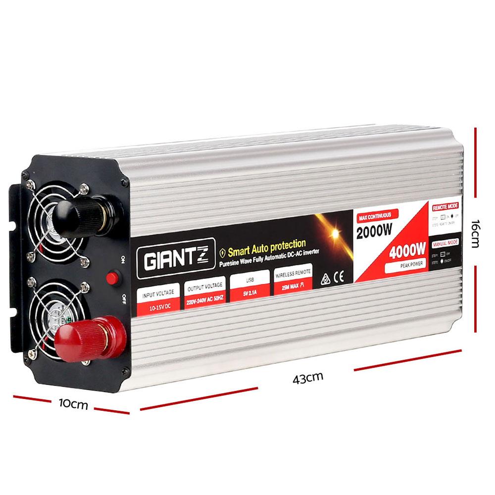 Giantz Power Inverter 2000W/4000W with dual 240V sockets and USB output, ideal for camping and powering sensitive devices.