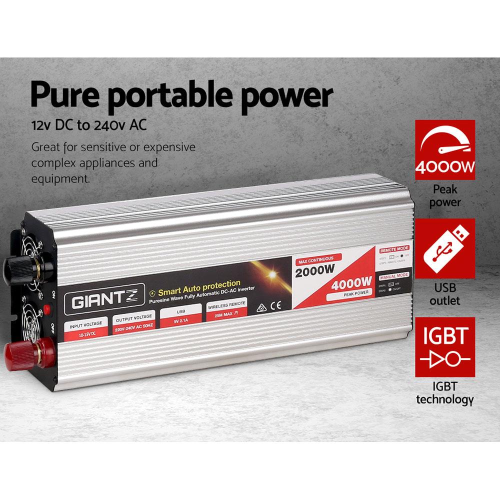 Giantz Power Inverter 2000W/4000W with dual 240V sockets and USB output, ideal for camping and powering sensitive devices.