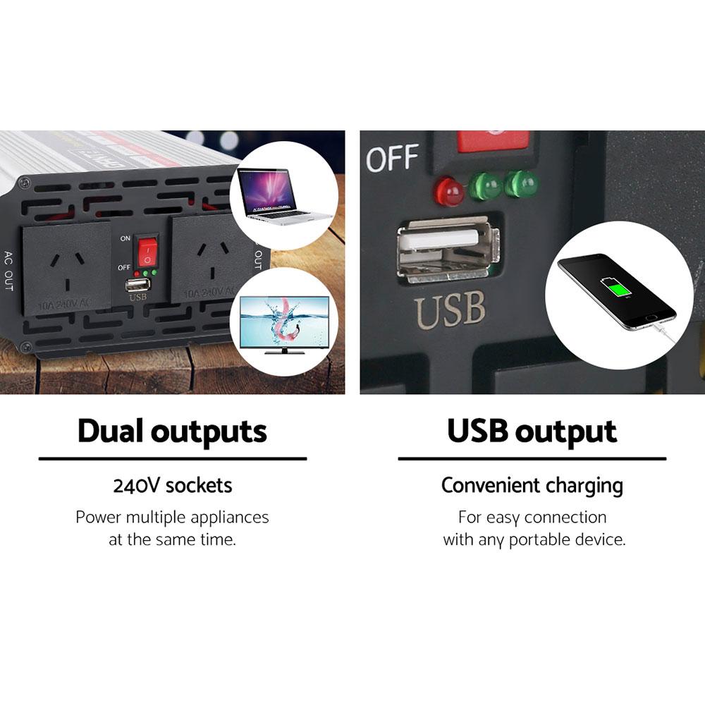 Giantz Power Inverter 2000W/4000W with dual 240V sockets and USB output, ideal for camping and powering sensitive devices.