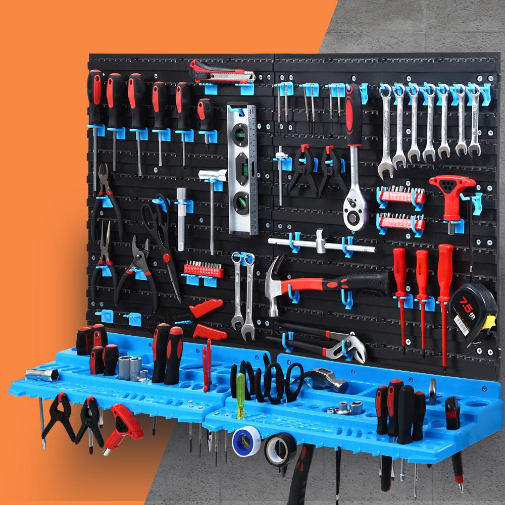 Giantz Spanner Holder Wrench Bin Rack with tools organized on peg boards, showcasing its durable design and adjustable layout.