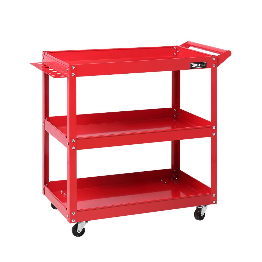 Giantz Tool Cart 3 Tier Parts Steel Trolley with red powder-coated finish and tool hanger, showcasing its robust design and storage capacity.