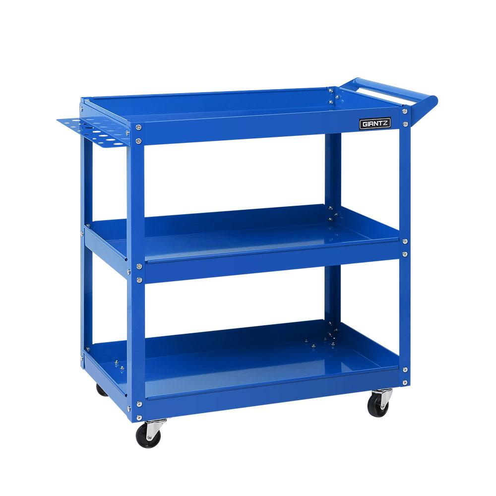Giantz Tool Cart 3 Tier Parts Steel Trolley with blue powder-coated finish and omni-directional castors for easy mobility.