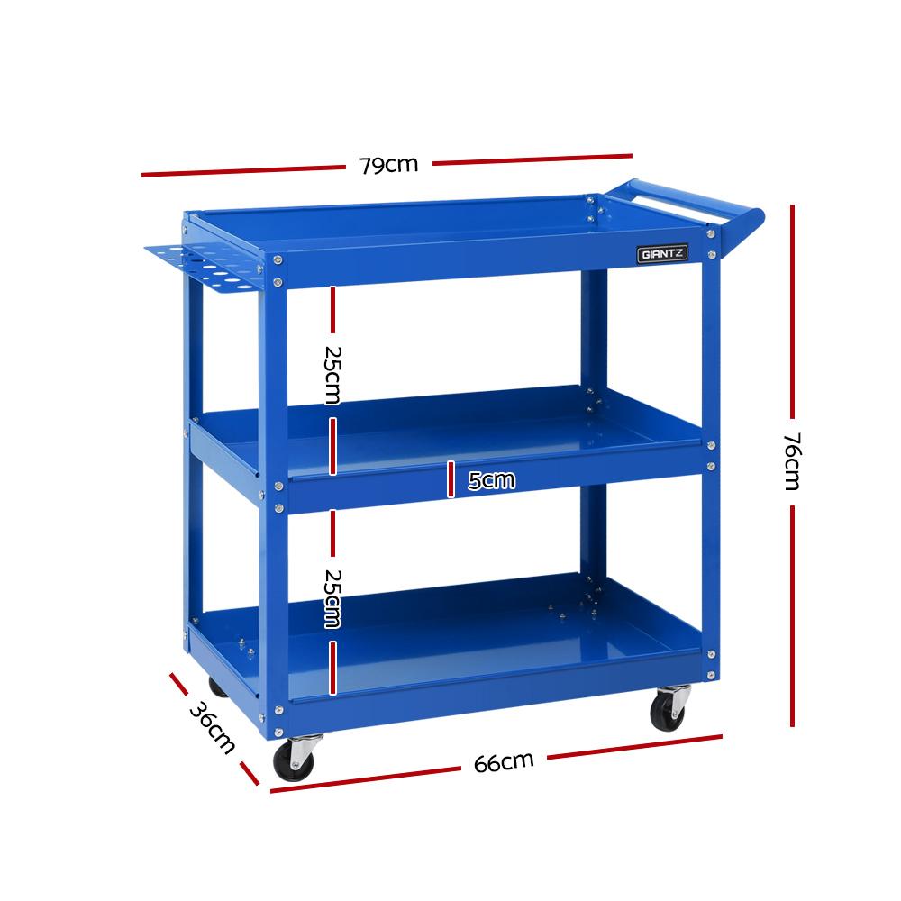 Giantz Tool Cart 3 Tier Parts Steel Trolley with blue powder-coated finish and omni-directional castors for easy mobility.
