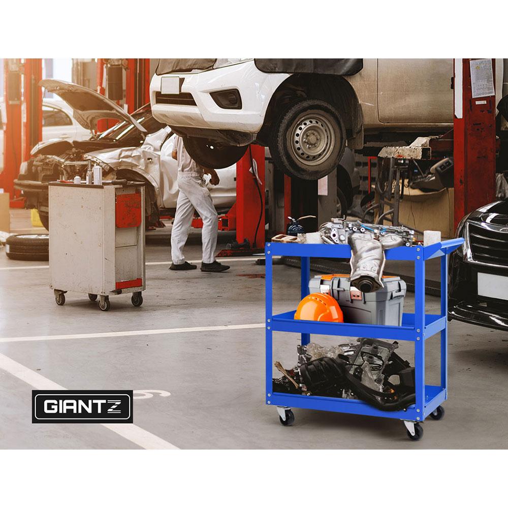 Giantz Tool Cart 3 Tier Parts Steel Trolley with blue powder-coated finish and omni-directional castors for easy mobility.