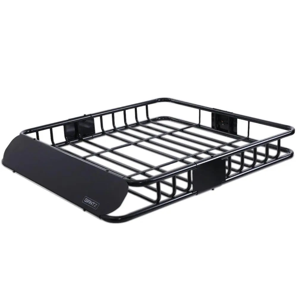 Giantz Universal Roof Rack Basket made of powder-coated steel, designed for vehicle luggage carrying with wind deflector.