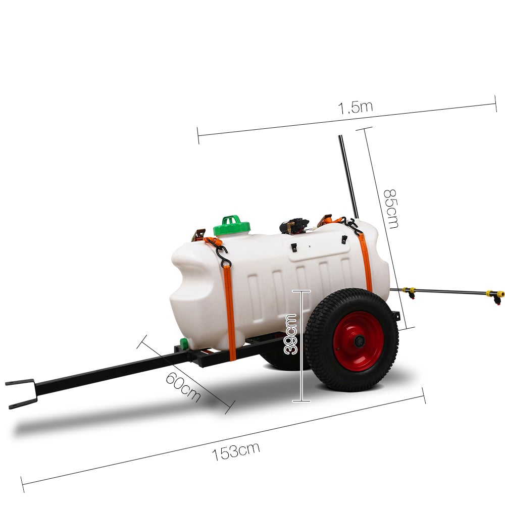 Giantz Weed Sprayer with 100L tank and trailer, showcasing its robust design and adjustable boom for efficient weed control.