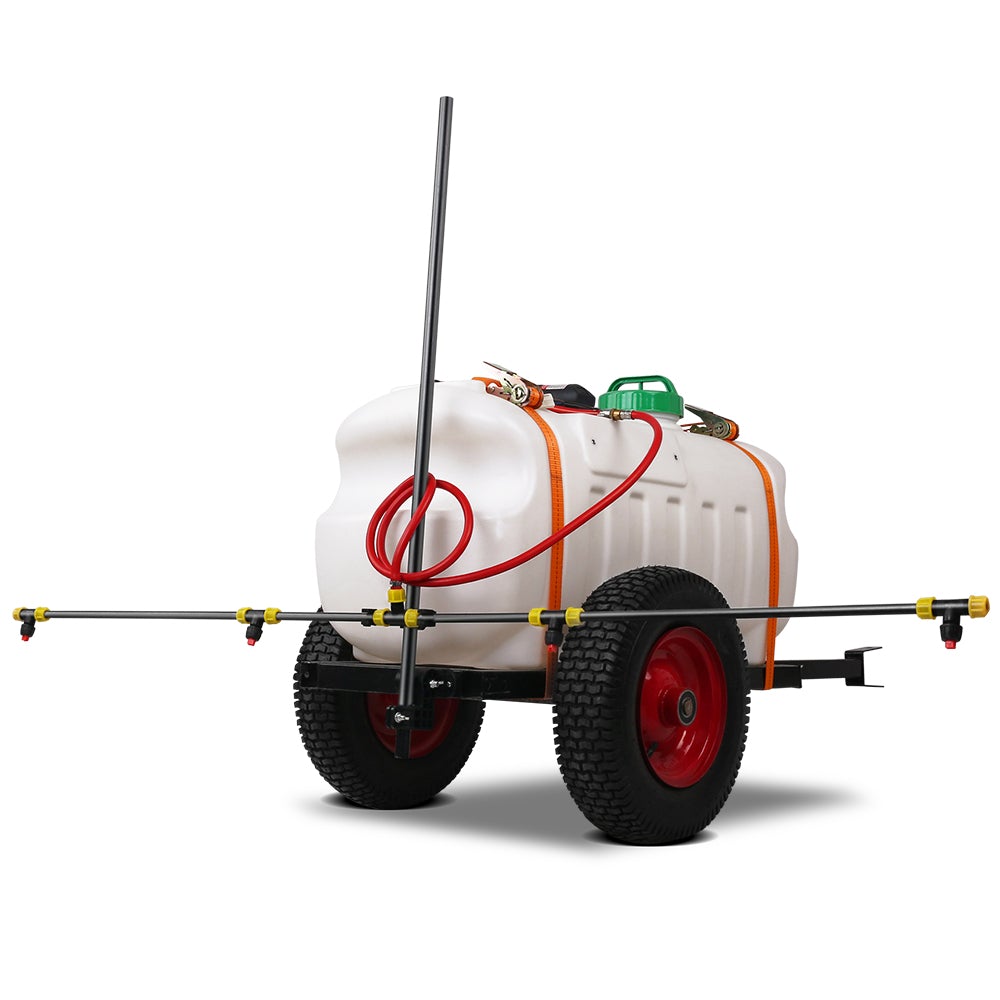 Giantz Weed Sprayer with 100L tank and trailer, showcasing its robust design and adjustable boom for efficient weed control.
