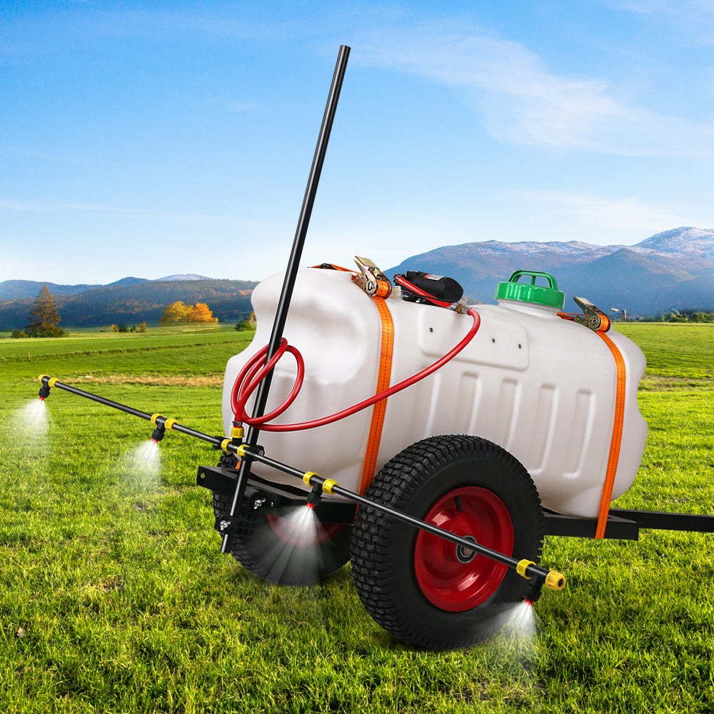 Giantz Weed Sprayer with 100L tank and trailer, showcasing its robust design and adjustable boom for efficient weed control.
