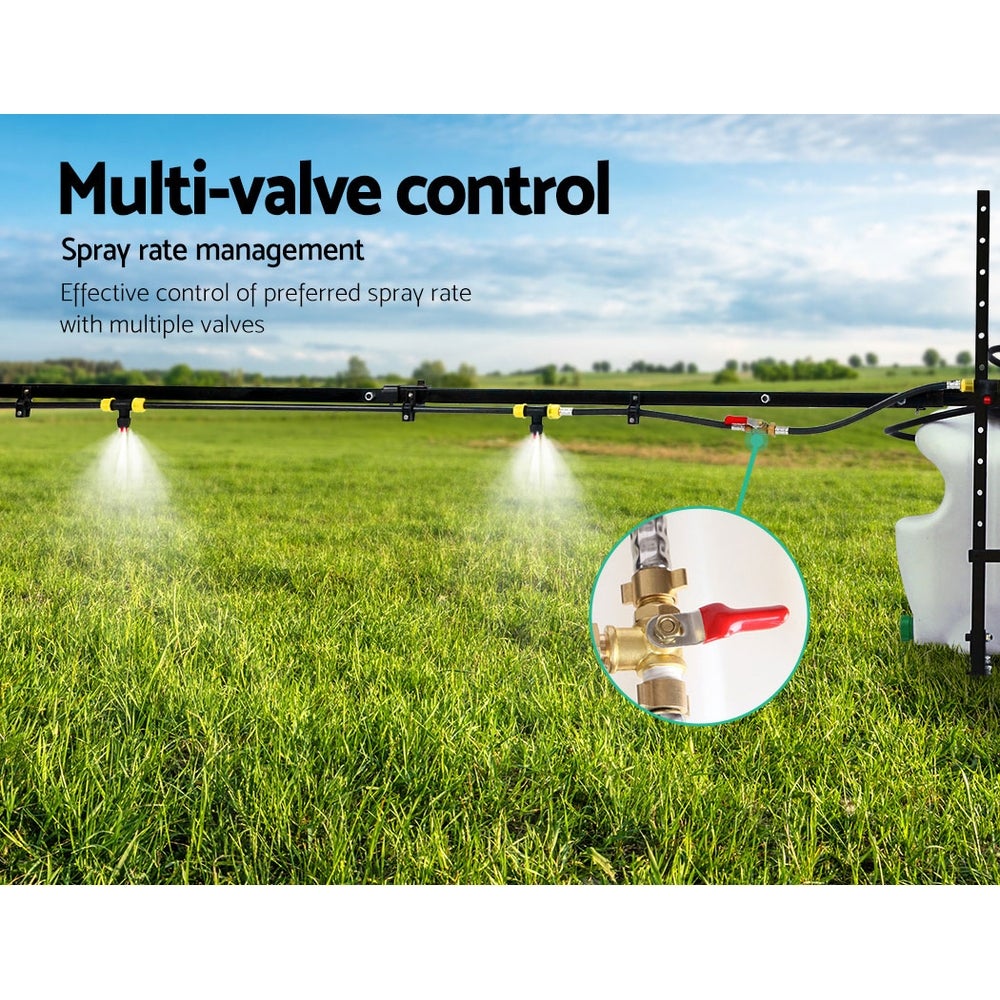 Giantz Weed Sprayer 100L with 5m boom and nozzles mounted on an ATV, showcasing its durable design and adjustable features.