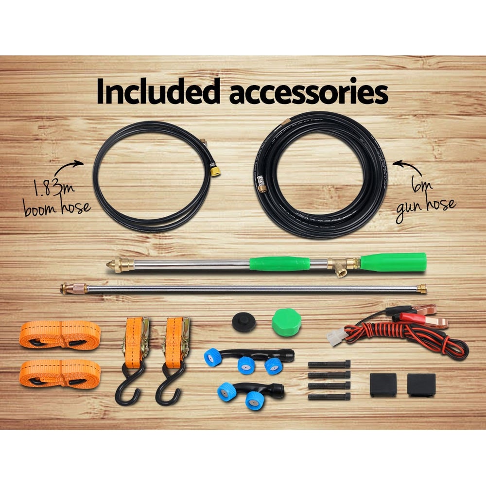 Giantz Weed Sprayer 100L with 5m boom and nozzles mounted on an ATV, showcasing its durable design and adjustable features.