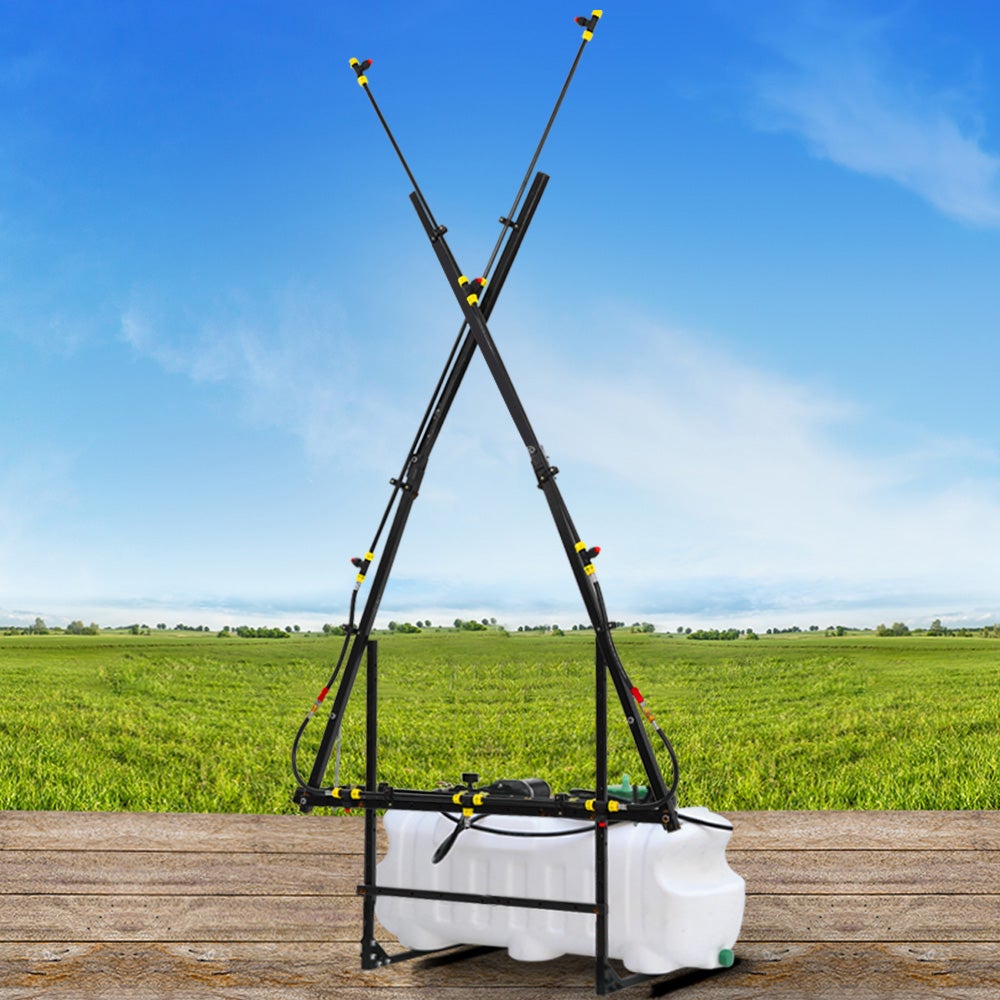 Giantz Weed Sprayer 100L with 5m boom and nozzles mounted on an ATV, showcasing its durable design and adjustable features.