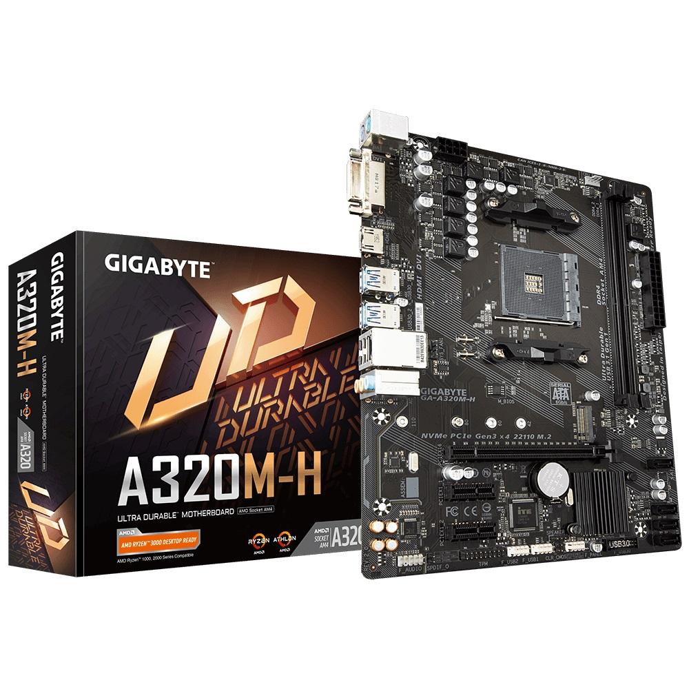 GIGABYTE A320M-H 2.0 Ryzen AM4 mATX motherboard with dual DDR4 slots and multiple display outputs.
