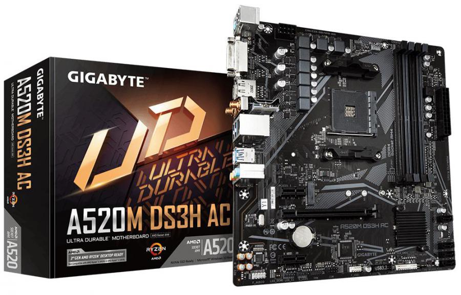 GIGABYTE A520M DS3H AC motherboard showcasing its features including DDR4 slots, M.2 socket, and various connectivity ports.