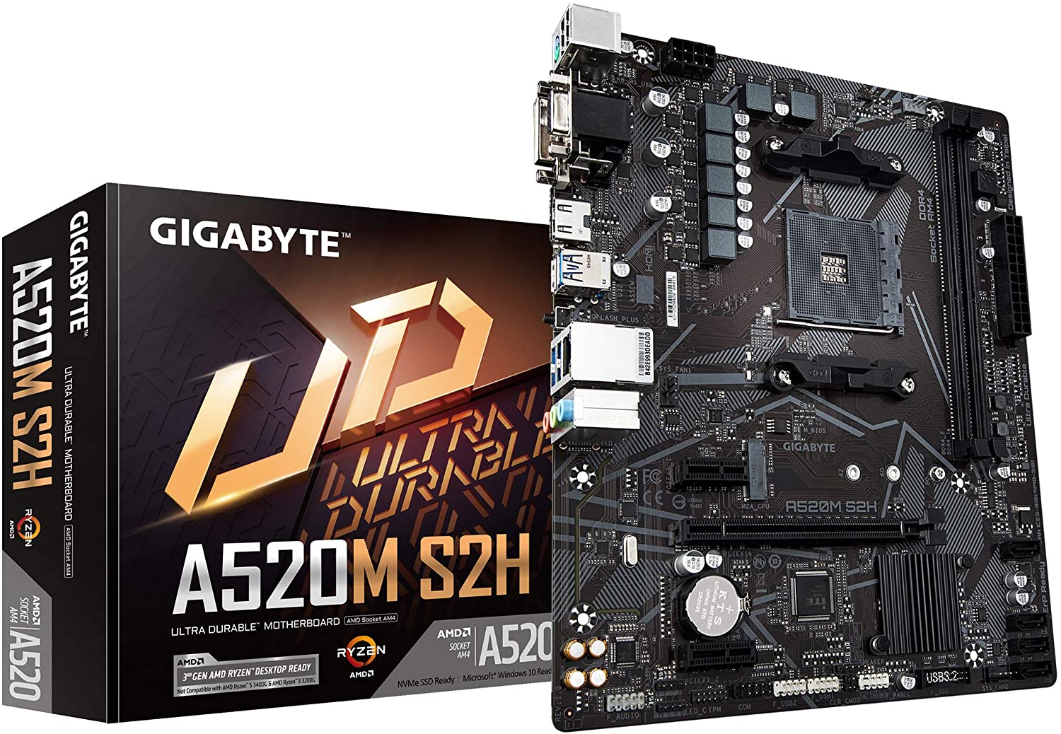 GIGABYTE A520M S2H motherboard showcasing AM4 socket, DDR4 slots, and various connectivity ports.