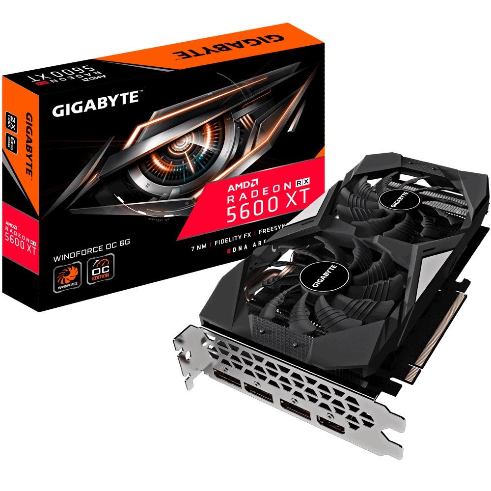GIGABYTE AMD Radeon RX 5600 XT WINDFORCE OC graphics card with dual fans and sleek design.