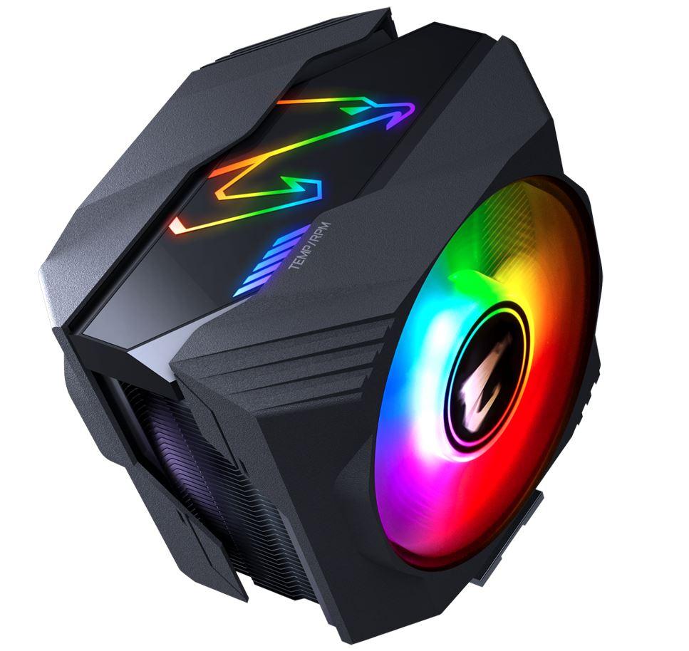 GIGABYTE AORUS ATC800 Multi Socket CPU Air Cooler with dual RGB fans and copper heat pipes.