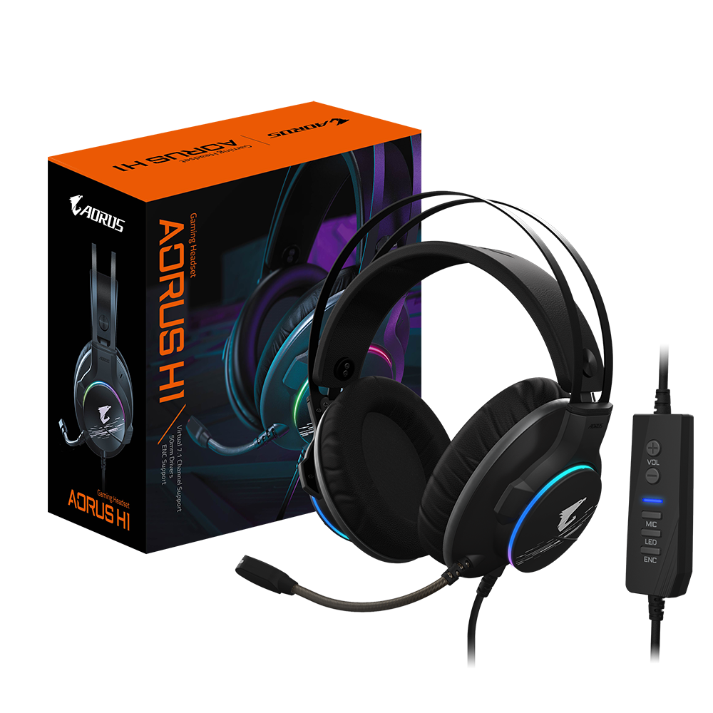 GIGABYTE AORUS H1 Gaming Headset with RGB lighting and in-line audio controls, showcasing its sleek design and comfortable ear cushions.