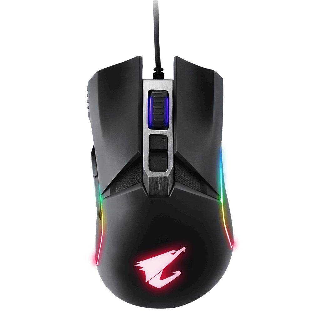 GIGABYTE AORUS M5 Optical Gaming Mouse in matte black with RGB lighting and ergonomic design.