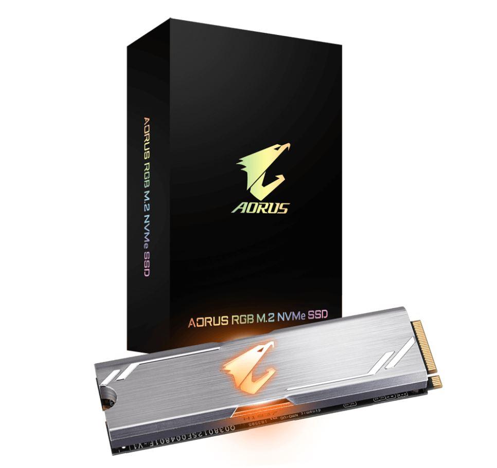GIGABYTE AORUS RGB M.2 PCIe NVMe SSD 256GB with heatsink and RGB lighting features.