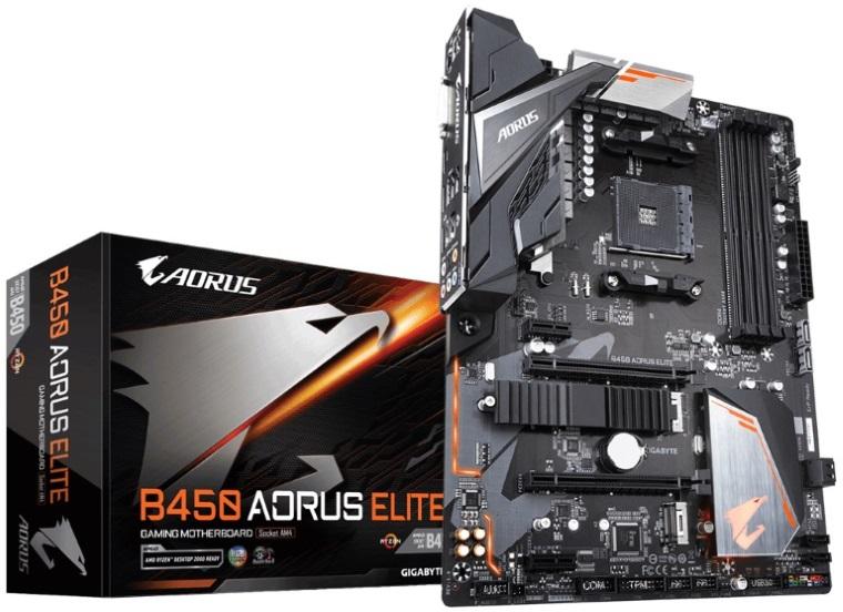 GIGABYTE B450 AORUS ELITE V2 motherboard with AM4 socket and RGB lighting features.