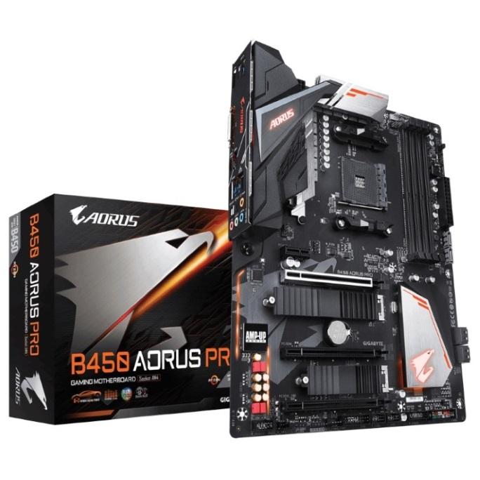 GIGABYTE B450 AORUS PRO AMD Ryzen Gen3 AM4 ATX Motherboard showcasing its ports and RGB lighting features.