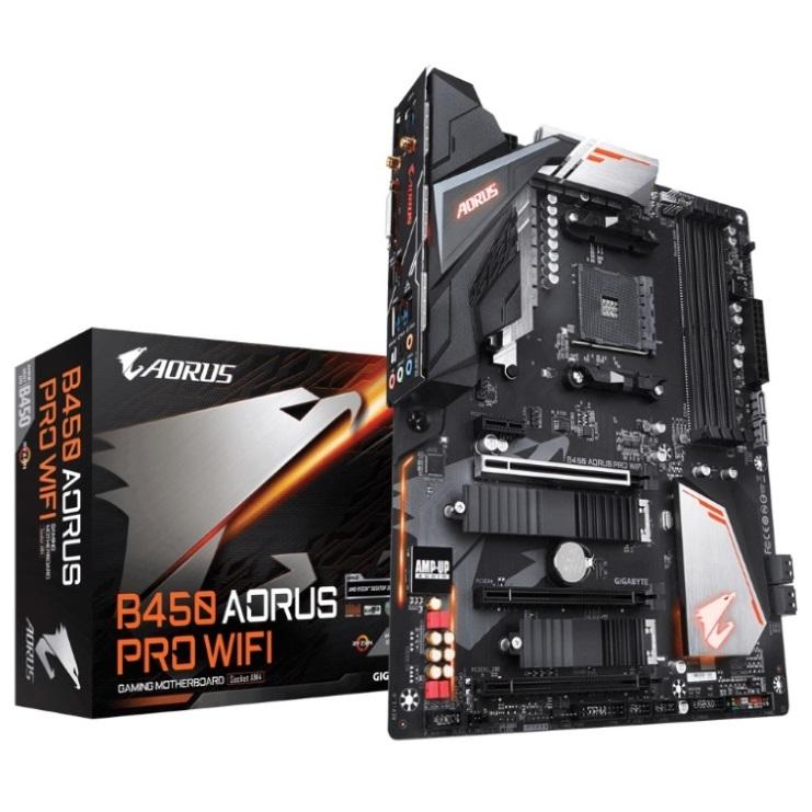 GIGABYTE B450 AORUS PRO WIFI ATX motherboard with multiple ports and RGB lighting.