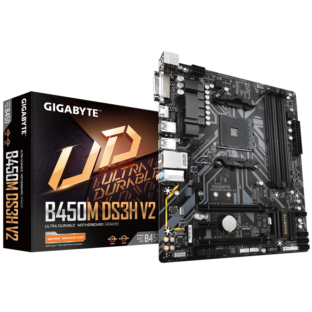 GIGABYTE B450M DS3H V2 AMD Ryzen AM4 Motherboard with multiple ports and slots for enhanced connectivity.